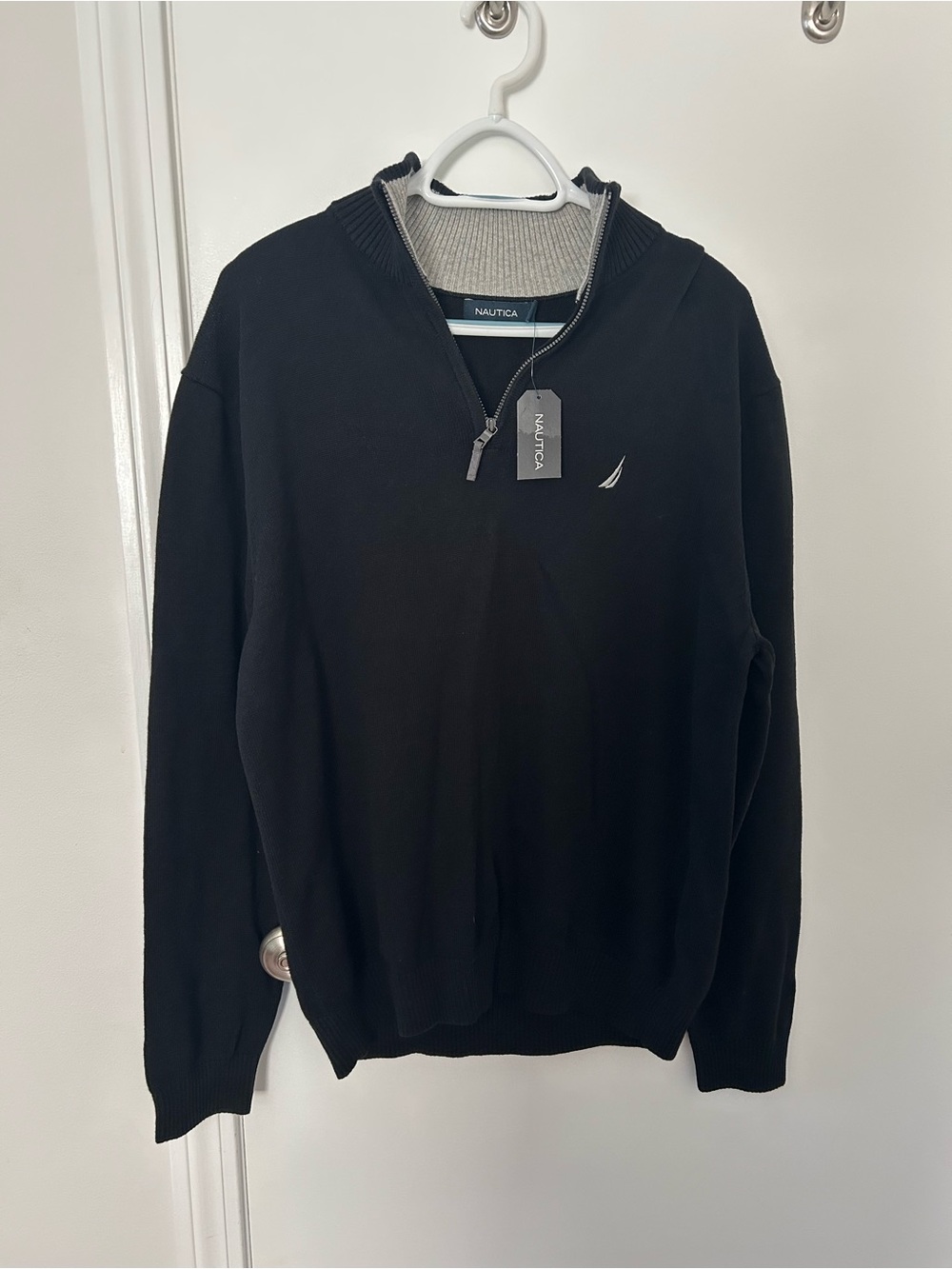 Nautica Men's Black Quarter-Zip Sweater with Contrast Trim